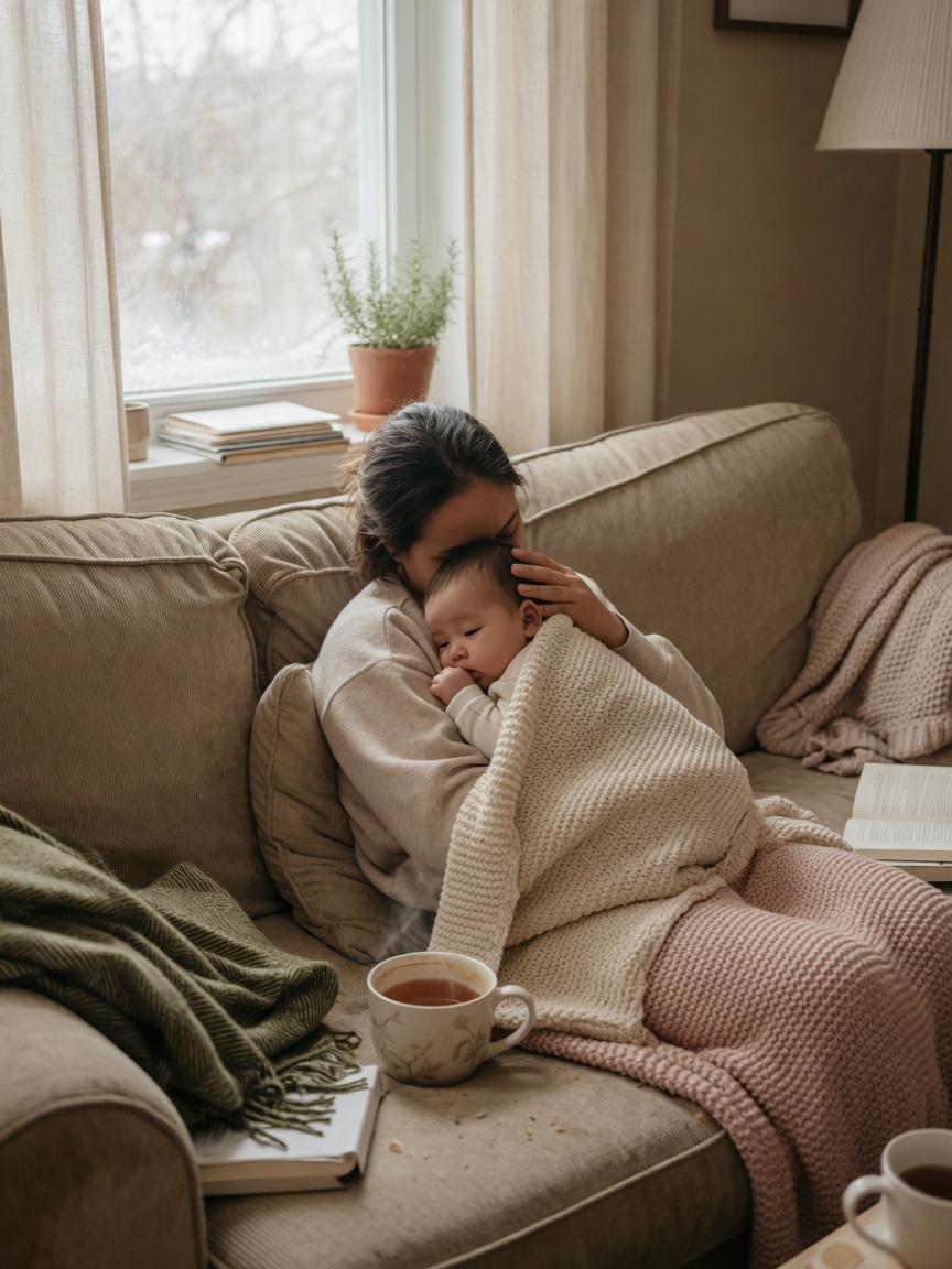 A parent holding their baby at home on a cozy winter day
